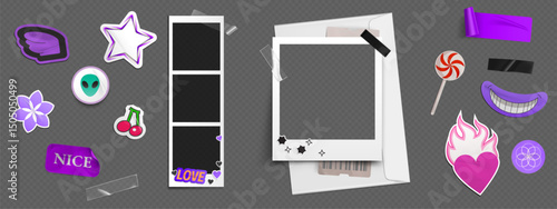 Retro y2k photo booth props and decorations - instant film frames, colorful adhesive stickers. Cute girly clip art set for selfie photos isolated on transparent background. Pastel purple aesthetic.