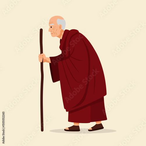 Old Man Walking with Stick Illustration in Robe and Sandals