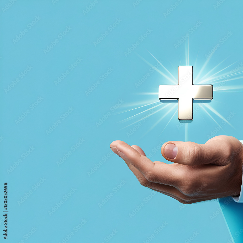 Obraz premium Male hand holding plus icon on blue background. Plus sign virtual means to offer positive thing like benefits, personal development, social network Profit,health insurance, growth .