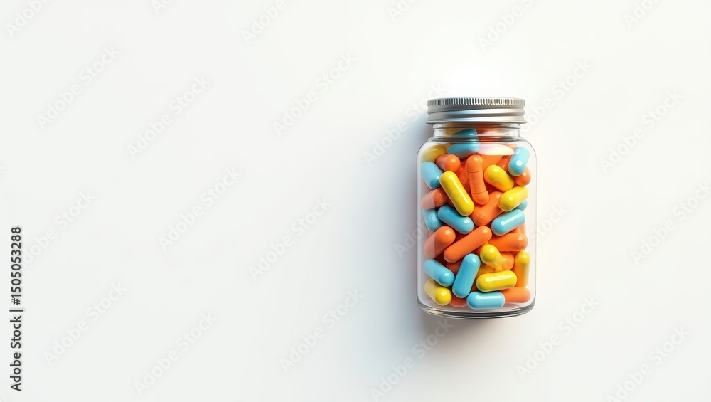 Colorful Capsules in Glass Jar Medicine Pharmacy Healthcare Pills Vitamins Supplements Medical Drug Colorful Capsules in Glass Jar Medicine Pharmacy Healthcare Pills Vitamins Supplements Medical Drug