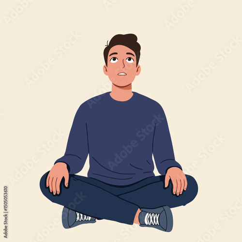 Man Sitting Cross-legged Looking Upward with Thoughtful Expression Flat Illustration