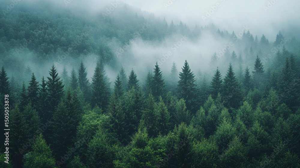 A dense evergreen forest shrouded in a thick layer of fog creating a mystical atmosphere view from above A dense evergreen forest shrouded in a thick layer of fog creating a mystical atmosphere view from above