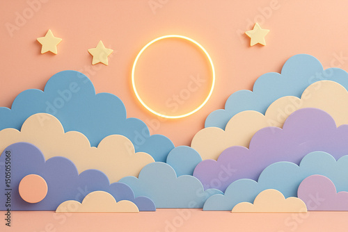 3D Pastel Fantasy Background with Neon Sun and Paper Cut Clouds