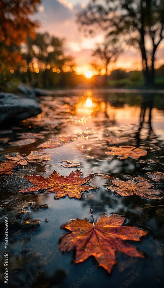 Fototapeta premium Autumn Sunset Maple Leaves on Calm Stream.