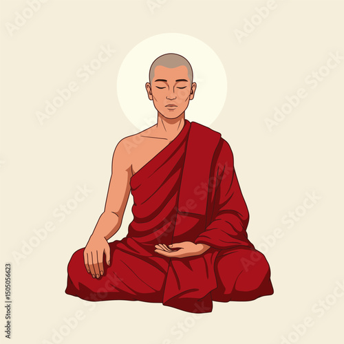 Monk Meditating in Red Robe with Eyes Closed Peacefully