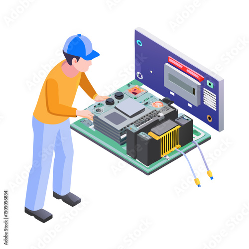 Vector illustration of technician working on tv motherboard, isolated on white background