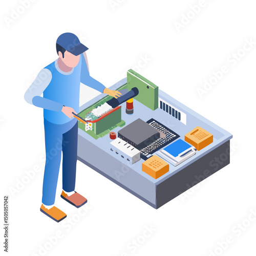 Vector illustration of technician working on tv motherboard, isolated on white background