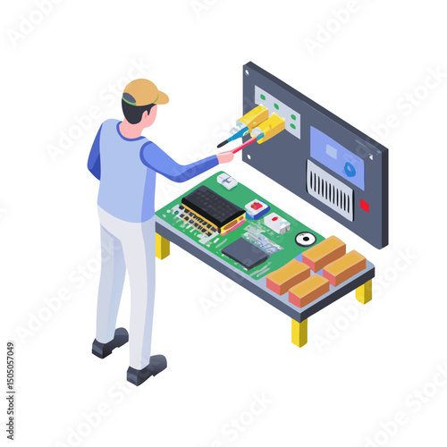 Vector illustration of technician working on tv motherboard, isolated on white background