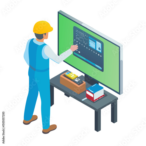 Vector illustration of technician working on tv motherboard, isolated on white background