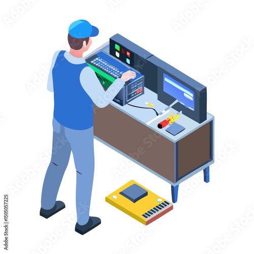 Vector illustration of technician working on tv motherboard, isolated on white background