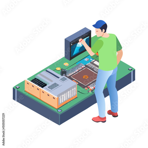 Vector illustration of technician working on tv motherboard, isolated on white background