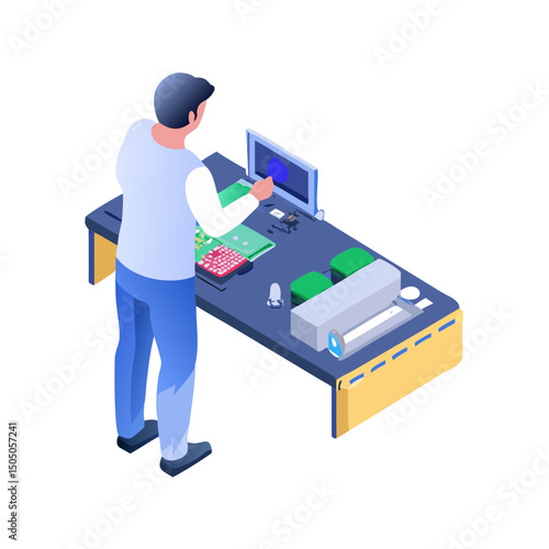 Vector illustration of technician working on tv motherboard, isolated on white background