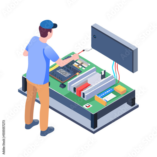 Vector illustration of technician working on tv motherboard, isolated on white background