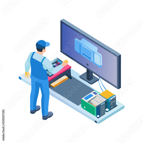 Vector illustration of technician working on tv motherboard, isolated on white background