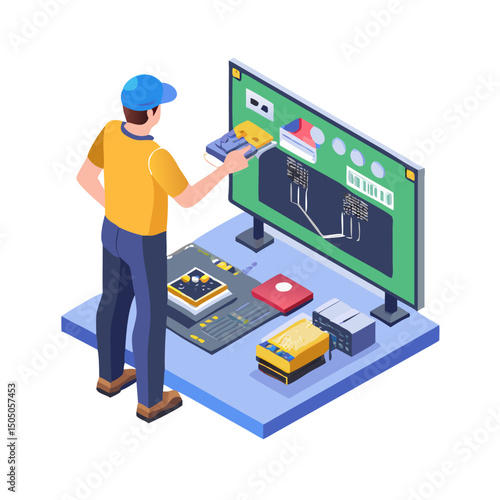 Vector illustration of technician working on tv motherboard, isolated on white background