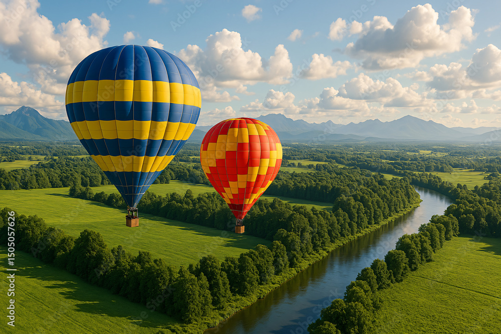 Obraz premium Colorful hot air balloons over a picturesque green plain and a river