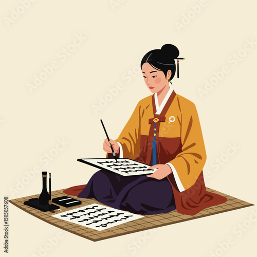 Woman Practicing Calligraphy with Brush in Traditional Korean Dress