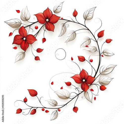 Romantic Floral Illustrations with Red Flowers and Elegant Leaves for Background and Decorative Space