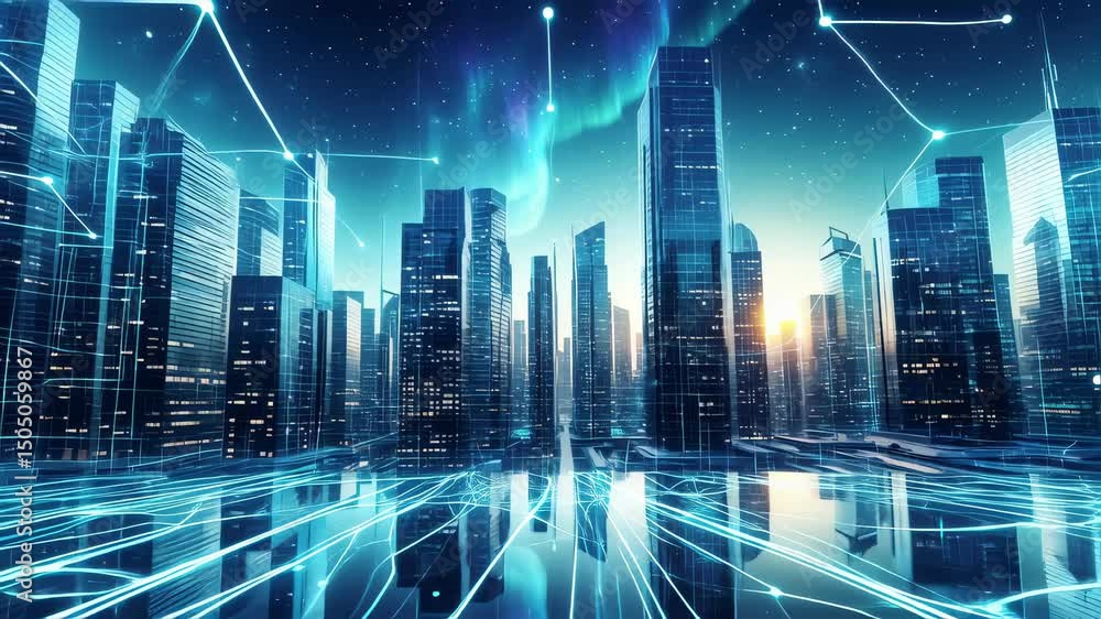 Futuristic Cityscape with Network Connections and Global Technology Futuristic Cityscape with Network Connections and Global Technology