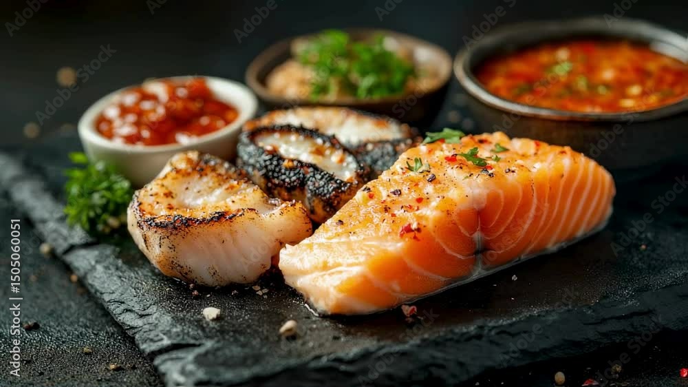Gourmet Grilled Salmon and Fish Fillet with Spicy Dips on Black Slate Gourmet Grilled Salmon and Fish Fillet with Spicy Dips on Black Slate