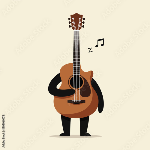 Acoustic Guitar Character Standing with Musical Notes in Cartoon Style