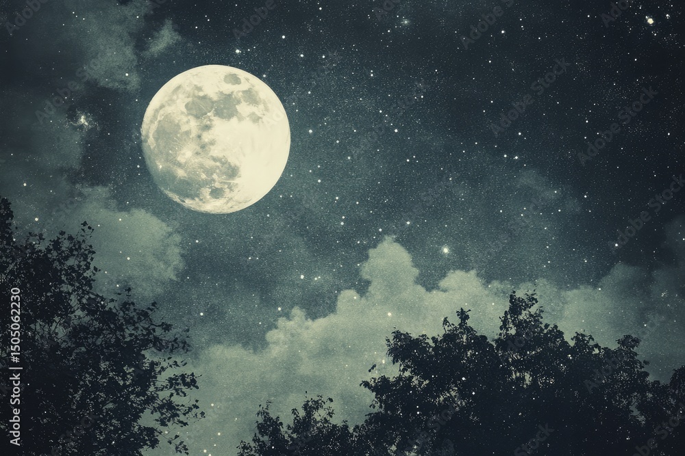 Naklejka premium Full moon, starry night sky, dark forest