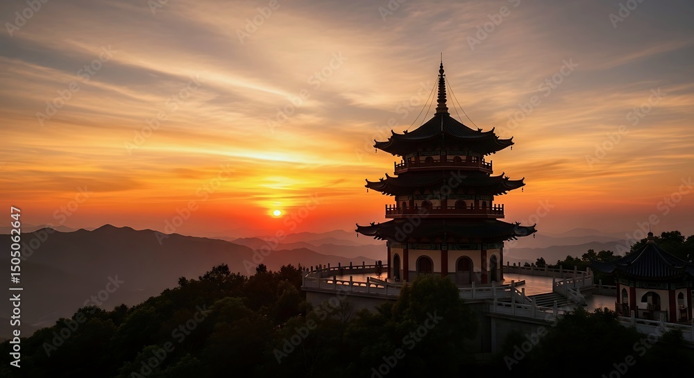 Ancient Chinese Pagoda on Mountain Overlooking Scenic Sunset, Serene Landscape with Dramatic Sky, Asian Architecture, Tranquil Travel Destination Nature Background Ancient Chinese Pagoda on Mountain Overlooking Scenic Sunset, Serene Landscape with Dramatic Sky, Asian Architecture, Tranquil Travel Destination Nature Background