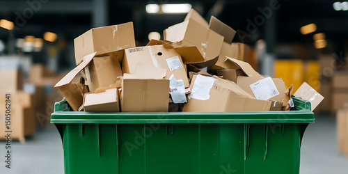 Overflowing cardboard recycling bin. Green container filled with flattened boxes for responsible paper reuse in an industrial setting.