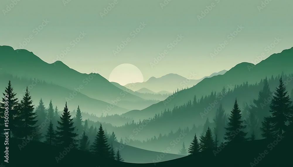 Obraz premium Serene mountain landscape with soft, calming greens under a muted sun in a stylized vector style.