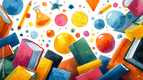 Dynamic back-to-school with flying geometric shapes, books, pencils, and science icons