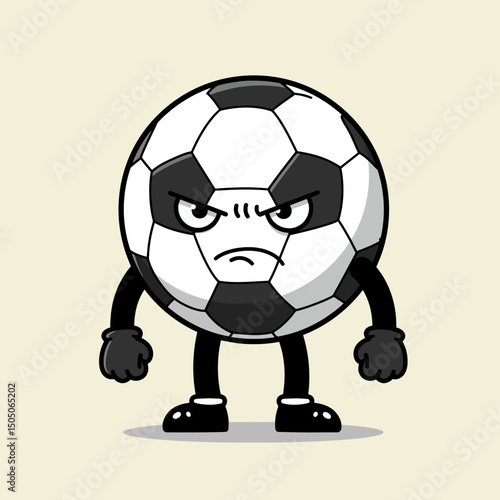 Cartoon Soccer Ball Character with Angry Expression Standing Firmly