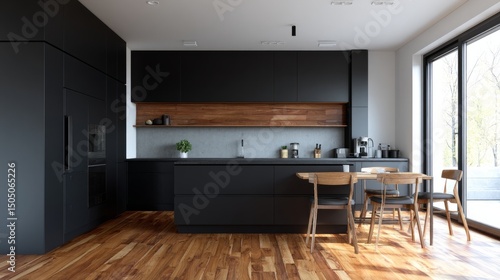 Wallpaper Mural Modern kitchen with black cabinets and wooden floors, showcasing minimalist elegance and natural warmth.
 Torontodigital.ca
