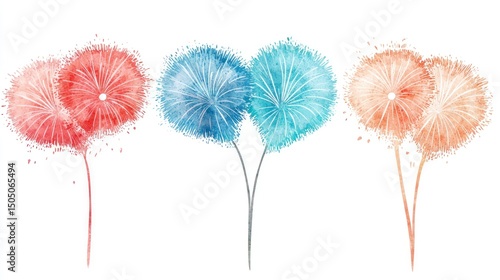 Colorful Fireworks Illustrations with Love Themes in a Whimsical Style Perfect for Celebrations and Events