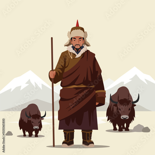 Standing Herder with Yaks in a Snowy Mountain Scene Illustration