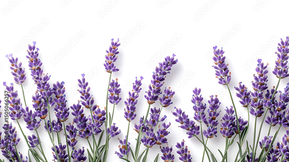 Naklejka premium A cluster of vibrant purple lavender flowers with green stems arranged across the bottom of a white background, casting soft shadows.