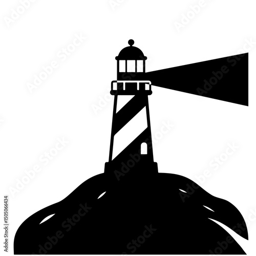 A striped lighthouse on a hill, shining its light, illustrated in black and white.
