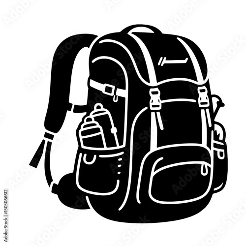 A black and white illustration of a sturdy backpack, ready for adventure.