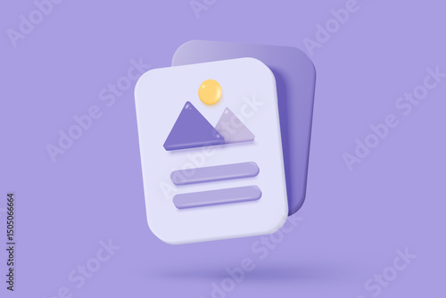 3D media data with video and photo management. Searching image and video files in gallery library. Document management soft database, document form. 3d multimedia file icon vector render illustration