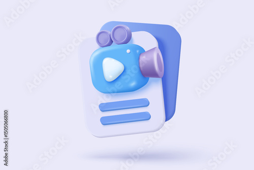 3D media data with video and photo management. Searching image and video files in gallery library. Document management soft database, document form. 3d multimedia file icon vector render illustration