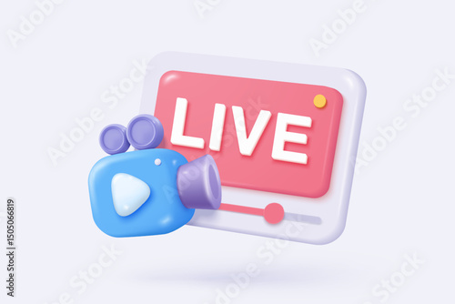 3D live stream icon on social media browser, emotion in cinema frame. Social media playing video promote the idea of passive revenue generation. 3D live entertainment icon vector render illustration