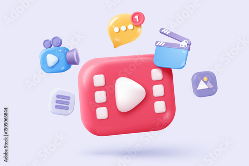 3D media data with video and photo gallery library. Searching image and video files in database. Document management soft, document form, compound docs concept. 3d file icon vector render illustration