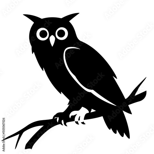 A black silhouette illustration of an owl perched on a branch.