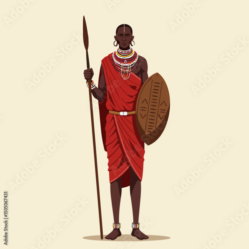 Standing African Warrior Holding Spear and Shield with Traditional Clothing