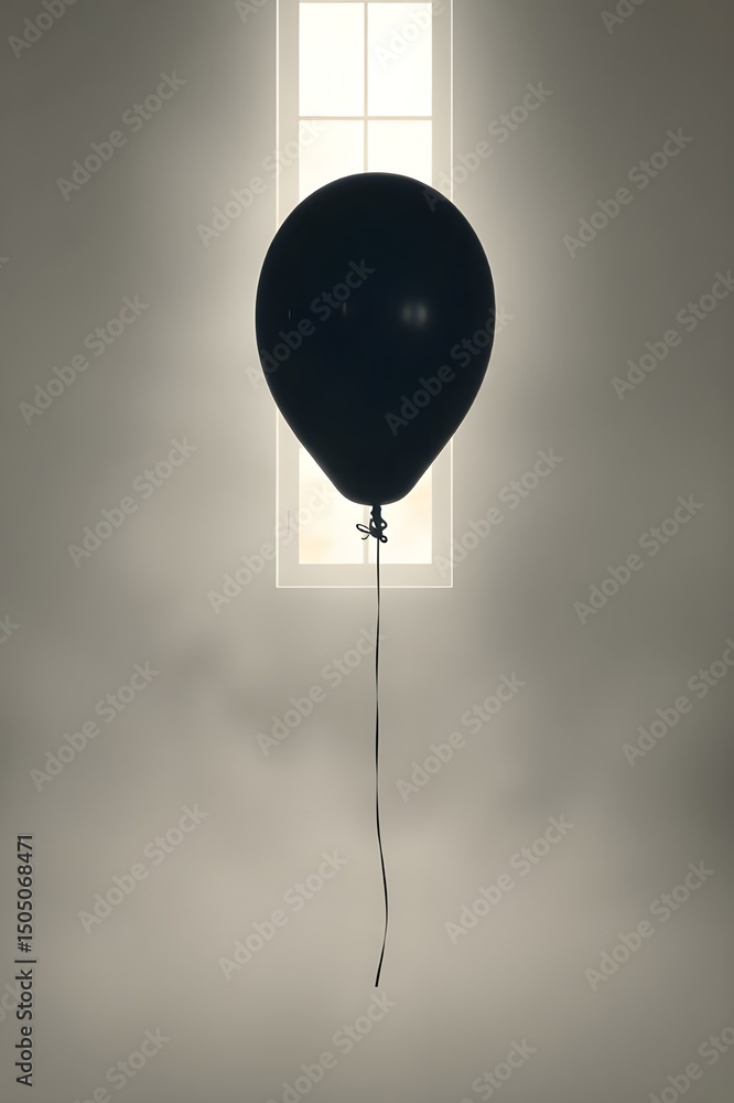 Obraz premium Black Balloon Floating in Front of Bright Window, Minimalist Photography, Symbolic Art, Contrast and Light Play, Surreal Interior Decor, Modern Aesthetic, Solitary Object in Space, Unique Composition