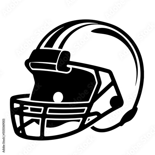 A black and white illustration of a football helmet, angled view.