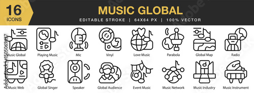 Music Global icon set. Editable Stroke Icon Collection. Includes music, global, network, design, digital, sound, and More. Outline icons vector collection.