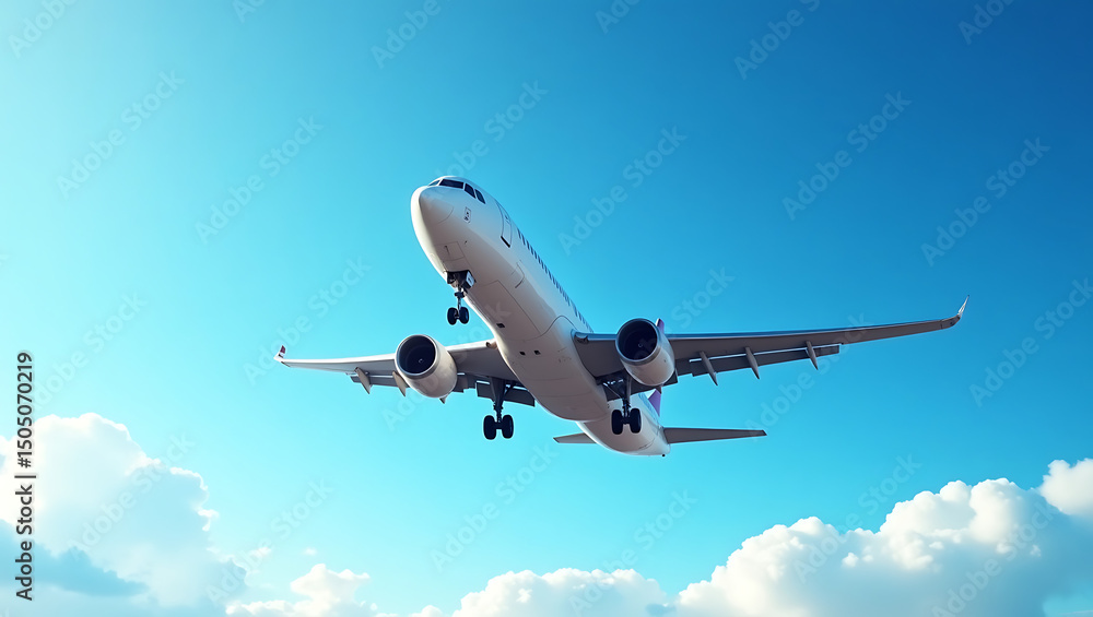 Fototapeta premium Majestic Airplane Soaring Through Azure Skies A Stunning Aerial View