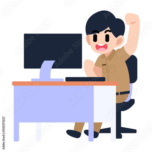 Illustration of a male civil servant cheering happily in front of a computer