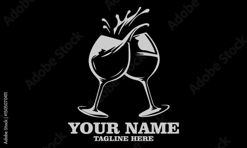 Two wine glasses with splash drinks vector illustration and logo icon with white background