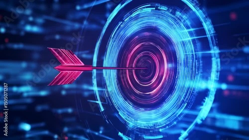 Arrow hits target center in digital futuristic environment animation loop